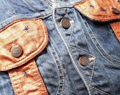 Reclaimed vtg denim jacket vest with hand embroidery copper metallic embellishments, wearable art unique one off sustainable fashion stars
