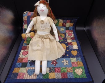 Hand Decorated Cotton Doll with Quilted Patchwork Doll Quilt And More...