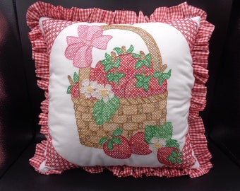 Handmade White Cotton Pillow with Strawberry Basket Cross Stitch