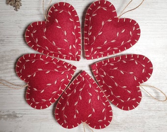 Embroidered Felt Heart Ornaments: Set of 5 Red Valentine's Day Decor