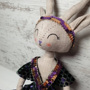Gazelle the doll in soft linen fabric and a super glittery 1920s inspired party dress, fabric doll handmade