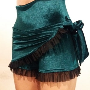 Green velvet ruffle shorts/ Velvet shorts/ Booty shorts/ Gothic shorts/ Womans shorts/ Tied on the side/ Made to order