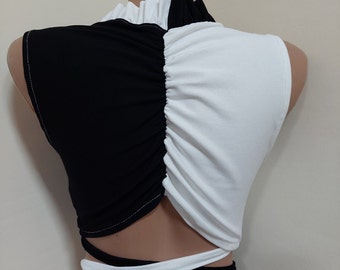 Black and white cotton ruffle top/ Scrunch ruffle top/ Plus size ruffle bra/ High waisted top/ Dance crop top/ Aerial costume top
