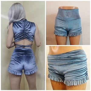 Blue-gray velvet ruffle shorts/ Ruffle shorts/ Summer shorts / Sexy short shorts/ Festival shorts/ Booty shorts/ Plus size shorts