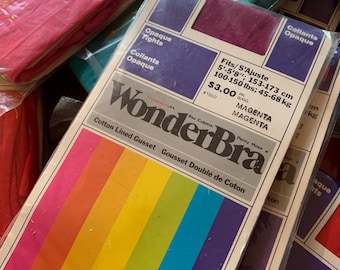 wonderbra (5’-5’8’’) cotton lined gusset rare vintage 80s coulourful multicolour opaque tights nylon panty hose retro. made in canada
