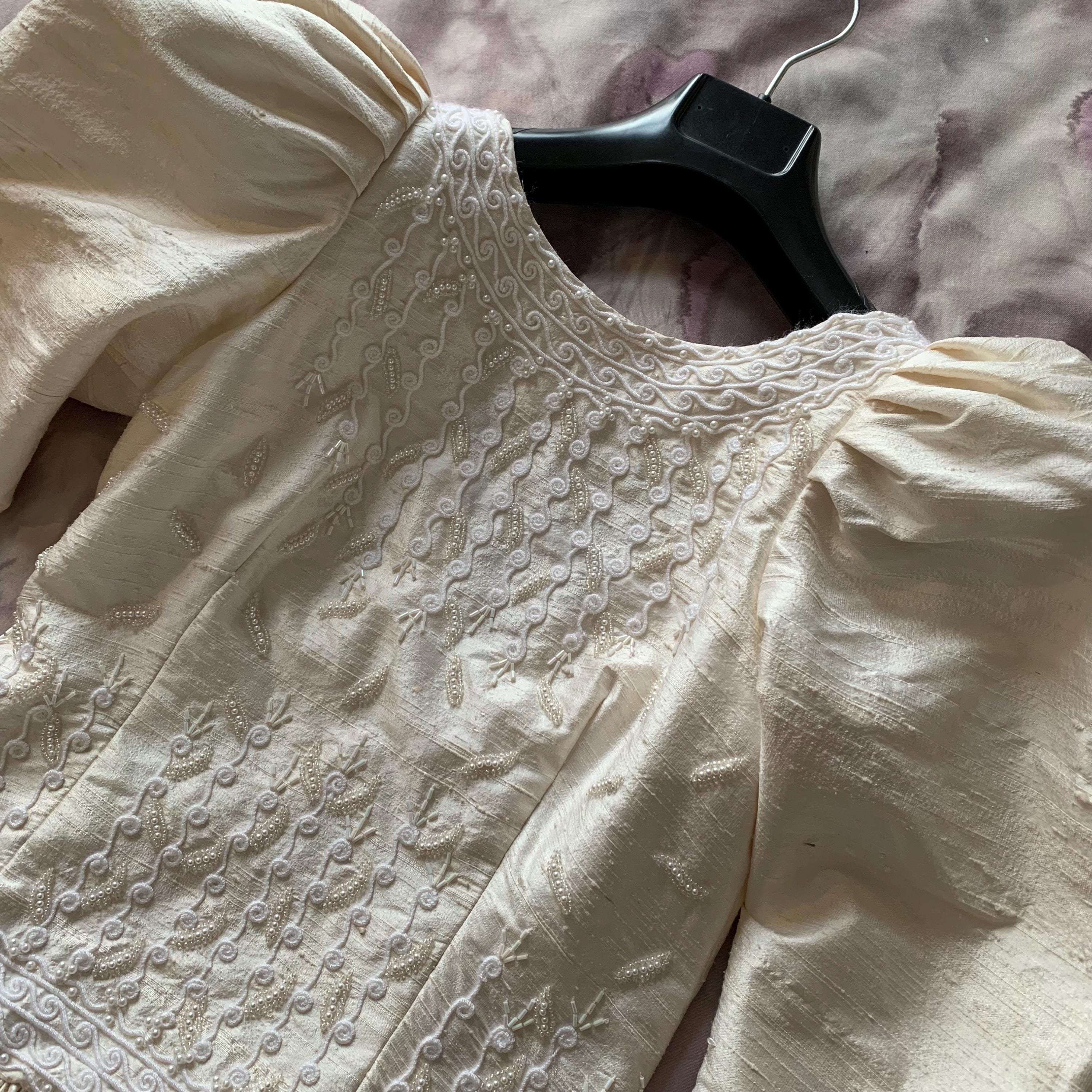 esther blanco (40) pure silk texture shantung wedding nuptial dress gown haute couture beaded embroidery. ivory white. made in spain