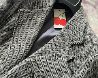 harris tweed (40/medium) 70s mens irish pure wool striped fantasy blazer jacket coat lounge leather herringbone. Black white grey. Canada