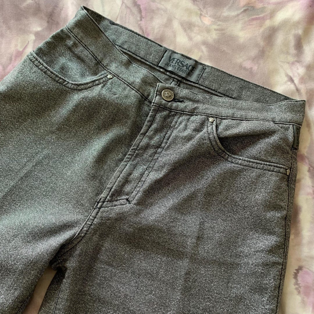 Versace Jeans Couture (27/s) 90s Medusa Logo High Rise Waisted Straight Leg Jeans Demin Pants. Metalic Shinny Gray/blue. Italy - Image 2