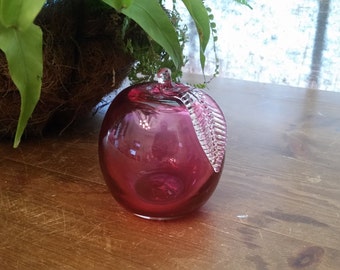 Glass Apple Paperweight Hand-Blown Cranberry Color