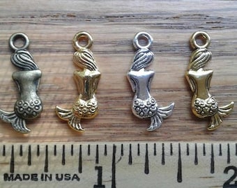 5 Mermaid Charms ,Tiny Bronze, Gold, Silver or Antique Gold Toned, Nautical Charms, Beach, Ocean, Sea  Charms  (D-4)