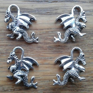 4 Dragon Charms,  Mythical Creature, Fantasy Animal Fire Breathing, Silver Toned Dragon Pendant / Charms  (F-3)