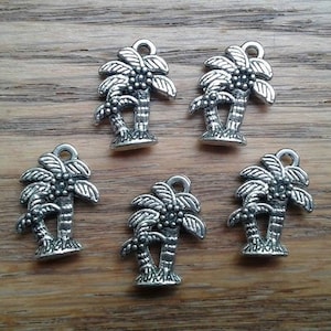 Bulk 10 Palm Tree Charm Coconut Palm Tree Pendant Silver Tone 2 sided   (D-2)