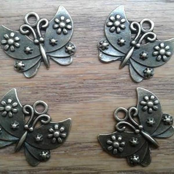 Bulk 8 - Butterfly Charm, Bronze Toned Butter Fly with Flowers on Wings Pendant / Charms     (B-3)