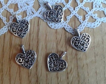 Heart Charms Antique Silver Tone X 5