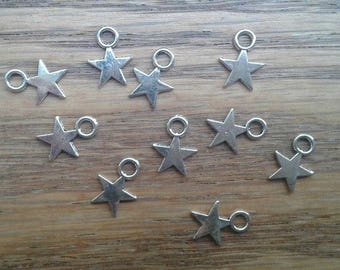 Bulk 50 Star Charms - Tiny - Antique Silver Tone Two Sided Large Hole  (F-2)