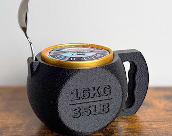 Kettlebell Ice Cream Pint Holder with Spoon Slot, Fitness Inspired Cozie, Gym Gift, Fuzzy Texture