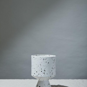 May include: A white ceramic planter with a speckled black pattern. The planter has a cylindrical body and a geometric base. The design is minimalist and modern, suitable for indoor plants. The planter is sitting on a neutral surface.