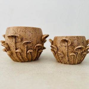 May include: Two speckled brown ceramic mushroom planters. The planters are decorated with detailed mushroom designs around the exterior. The larger planter is approximately 6 inches in diameter, and the smaller is about 4 inches.