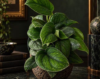 May include: A potted Scindapsus pictus plant with heart-shaped, dark green leaves featuring silver-grey variegation. The plant is housed in a round, textured, dark brown planter with a porous, stone-like surface and a visible organic growth pattern.