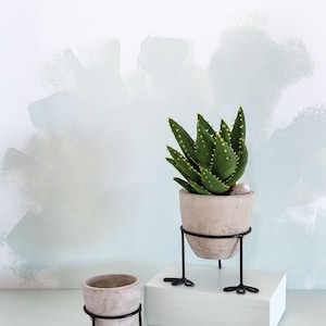 May include: Two gray ceramic pots with black wire legs in the shape of bird feet. The larger pot has a green succulent plant inside. The smaller pot is empty. The pots are on a light blue surface.