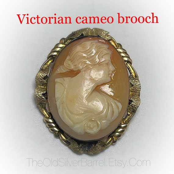 Victorian Gold Cameo Brooch Pin Carved Pink Shell Cameo Big
