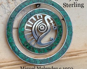 Vintage Miguel Melendez taxco war eagle pendant pin, 1950’s, sterling silver pendant, double circle, turquoise sterling pin, Margot de Taxco