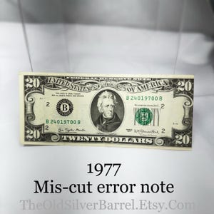 1977 miscut 20 dollar bill error, error note, miscut error, rare bank note error, FRN error, on sale, collectible currency