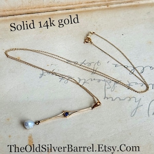 Antique 14k gold lavalier necklace with sapphire, edwardian lavalier pendant, seed pearl lavalier, Victorian gold, on sale, 18 inch