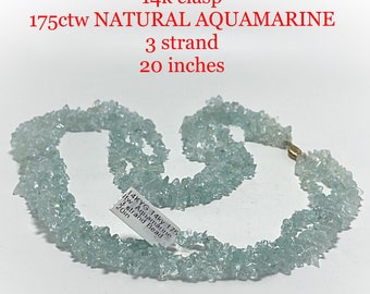 vintage 14k 175cttw uncut aquamarine strand necklace, triple strand, 175ctw aquamarine, natural aquamarine, womens necklace