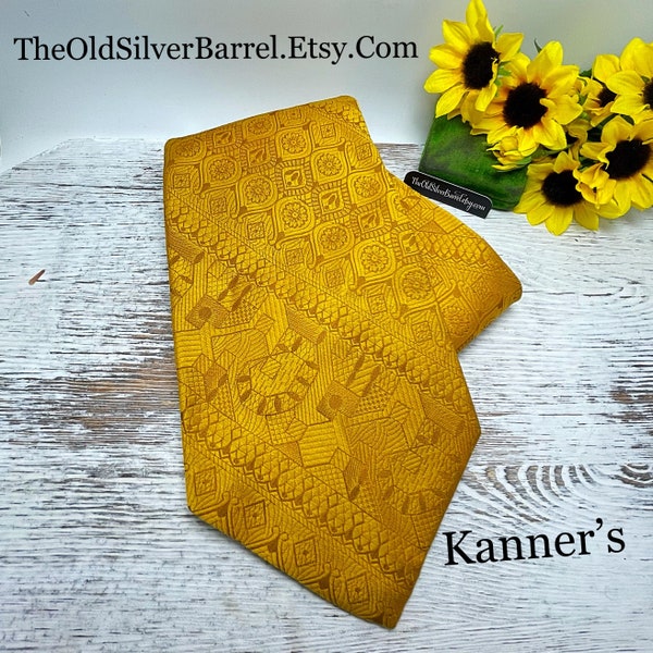 Vintage Kanners yellow abstract silk tie, yellow silk designer tie, 100% silk necktie, 54 inch necktie, yellow paisley dover tie, on sale