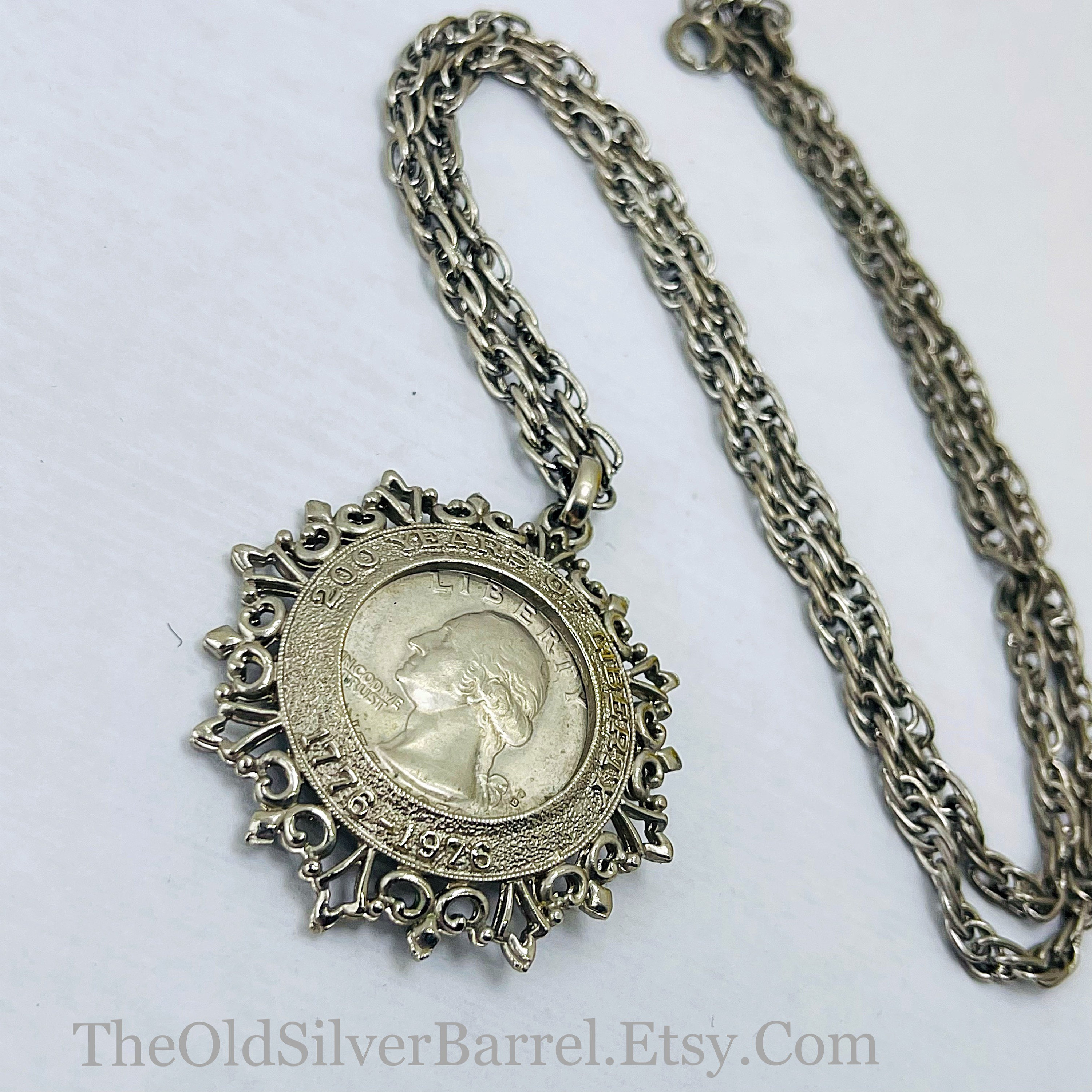 アクセサリー FREE CITY Coin Sparrow Silver Necklace Vintage Silver Coin Necklace, Bicentennial Quarter Necklace, Error