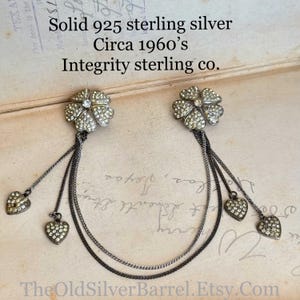 Sterling Silver sweater guard, silver collar pin, 1960s sweater guard, sterling diamond, flower chain neck clip, cardigan clip, boho collar