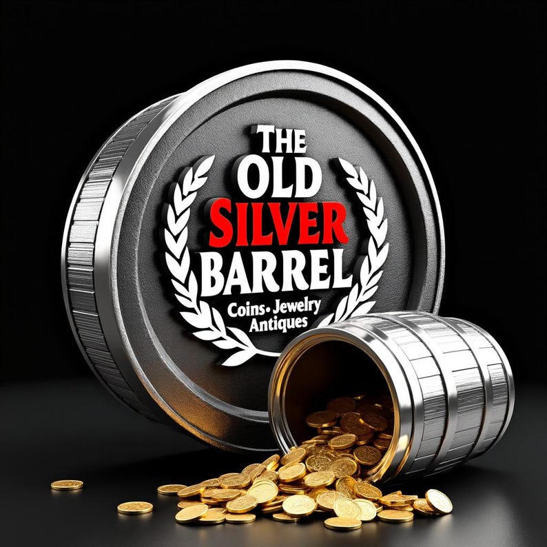 May include: A silver barrel with the text "THE OLD SILVER BARREL" in white and red, with "Coins. Jewelry Antiques" below. Gold coins spill from the barrel, suggesting a theme of collectibles and treasures.