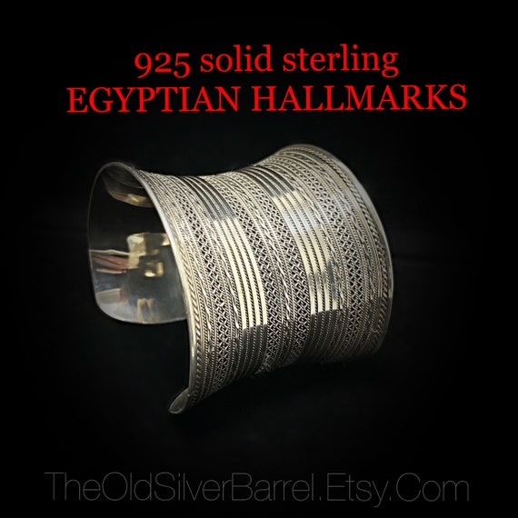 wide Egyptian sterling cuff bracelet, vintage Egy… - image 1