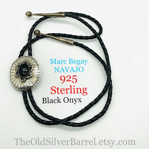 Sterling onyx bolo tie, Marc Begay bolo, sterling