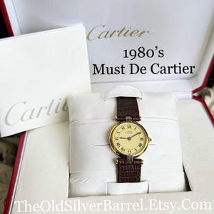 Must de Cartier vendome ladies watch, 925 argent 18k gold vermeil case, 24mm, Cartier watch with box, 1980’s Cartier, leather cartier