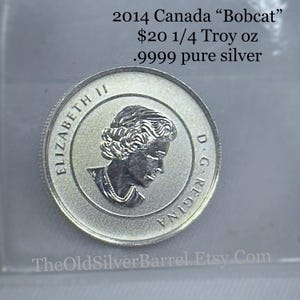 2014 Canada Bobcat 20 dollar 1/4 Troy oz 9999 pure silver coin, Canadian silver coin, Canada bullion, fine silver coin, unique gift for