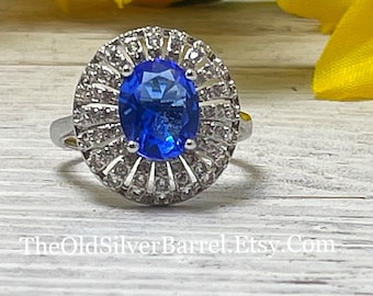 Vintage oval tanzanite diamond cocktail ring, tanzanite halo ring, sterling silver floral ring, size 8, on sale, theoldsilverbarrel