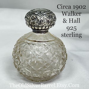 Antique sterling silver cut crystal perfume bottle, round glass bottle, 1900’s, walker and hall, British sterling, Sheffield assay, gift for