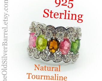 vintage Sterling tourmaline Ring, multicolored tourmaline, new ring, pink green brown ring, natural tourmaline jewelry, size 5.25