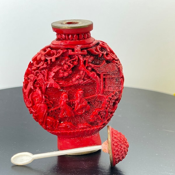 Antique red cinnabar snuff bottle, oriental carved, Chinese bottle, hand carved, signed, mini bottle, on sale, unique gift