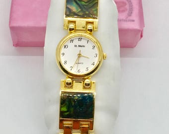 Gold abalone shell watch, white faced watch, St. marin watch, 7.5" long, gold link watch, gold plated, round watch, gift for her, TheOSB