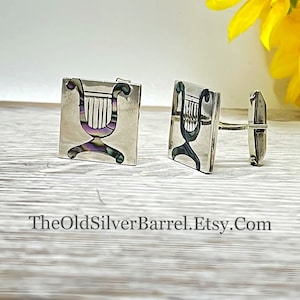 Vintage taxco sterling Lyre harp cufflinks, Greek lyre cufflinks, sterling harp, abalone shell cufflinks, gift for dad, on sale