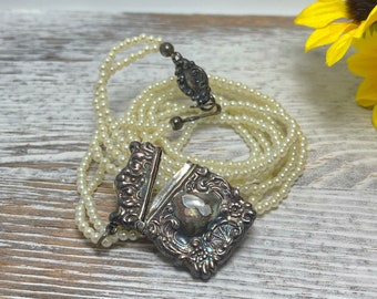 Victorian sterling vesta case seed pearl necklace