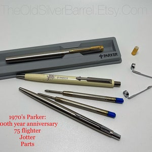 vintage 1960’s Parker pen lot, Parker 75, Parker flighter, 75 flighter, silver pen, 100th year pen, collector pens, unique gift