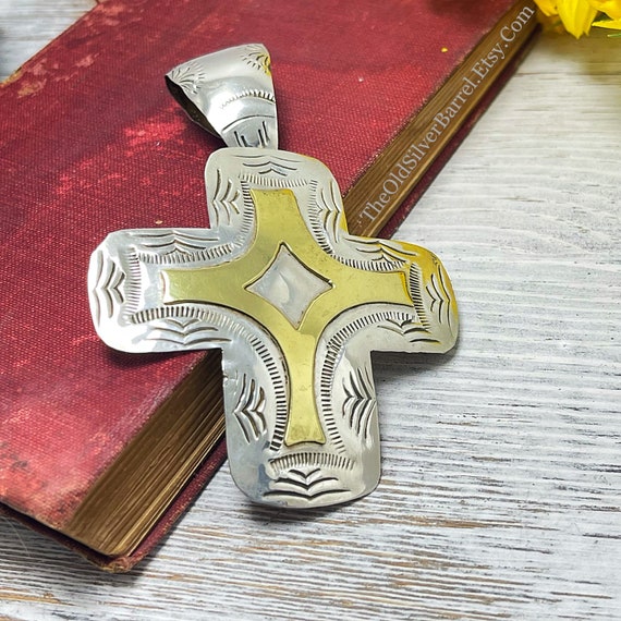 Vintage taxco sterling cross pendant, large native cross, Taxco two trees, Ts-79, gold and silver cross, hand stamped cross pendant