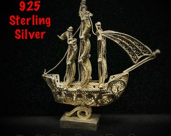 Sterling silver cannetille wire wrapped ship, vintage sterling boat, silver Columbus ship, sterling paper weight, sterling desk ornament