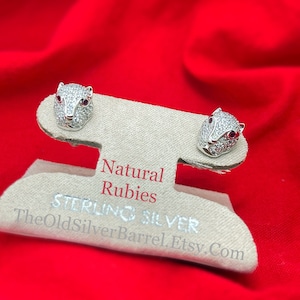 Sterling diamond jaguar earrings, panther earrings, sterling silver, ruby eyes, post earrings, cat woman earrings, cat lady, gift for