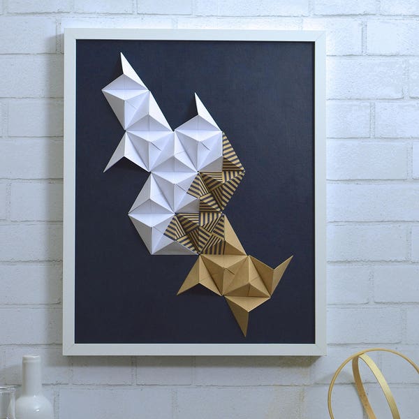 Navy blue, white, & tan 16x20 origami wall art | modern wall art | 3D paper art | minimalist art | home decor | stripe | paper scultpture