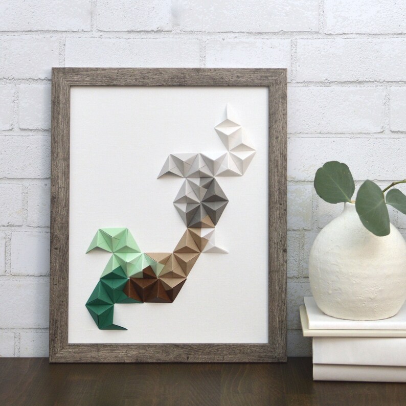 home decor gray /& white 11x14 origami wall art Turquoise paper sculpture 3D paper art tan brown modern wall art mint green
